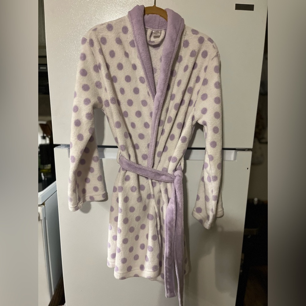 Ulta Plush Bathrobe White Purple Polka Dot Tie Waist Size S/M